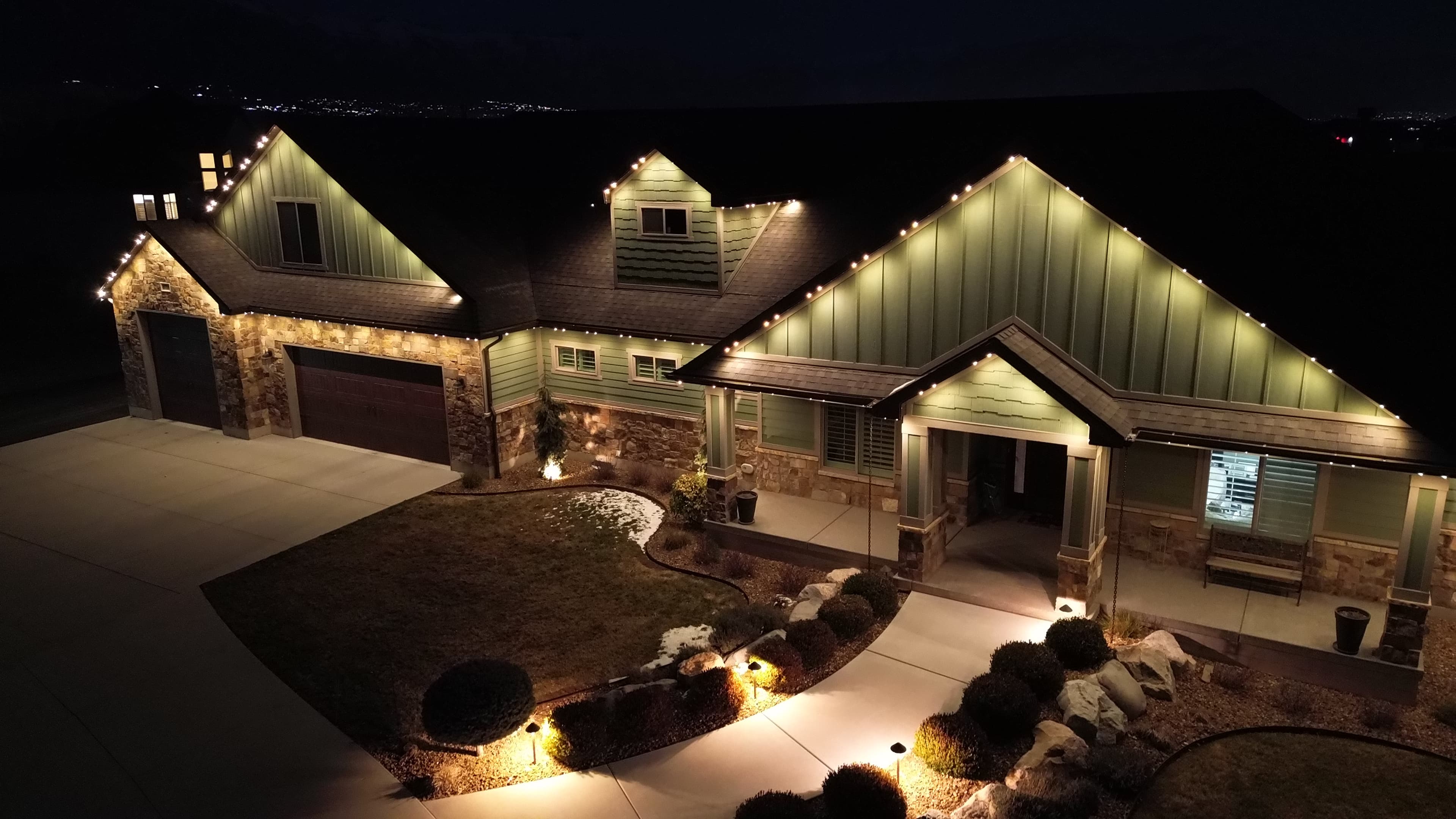 TruLight Wasatch permanent outdoor lighting at dusk